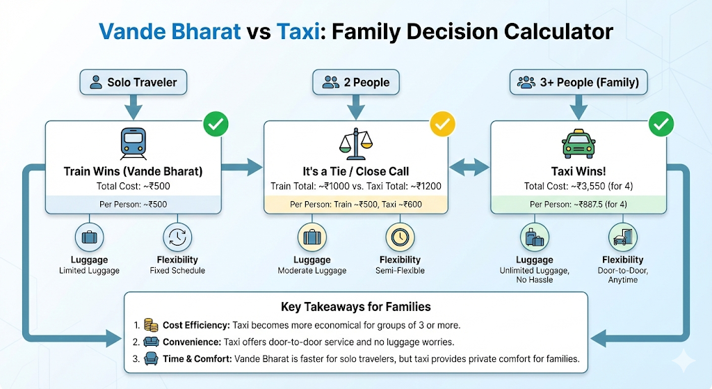 Vande Bharat vs Taxi family decision calculator showing cost breakdown for solo, 2 people, and 3+ people groups