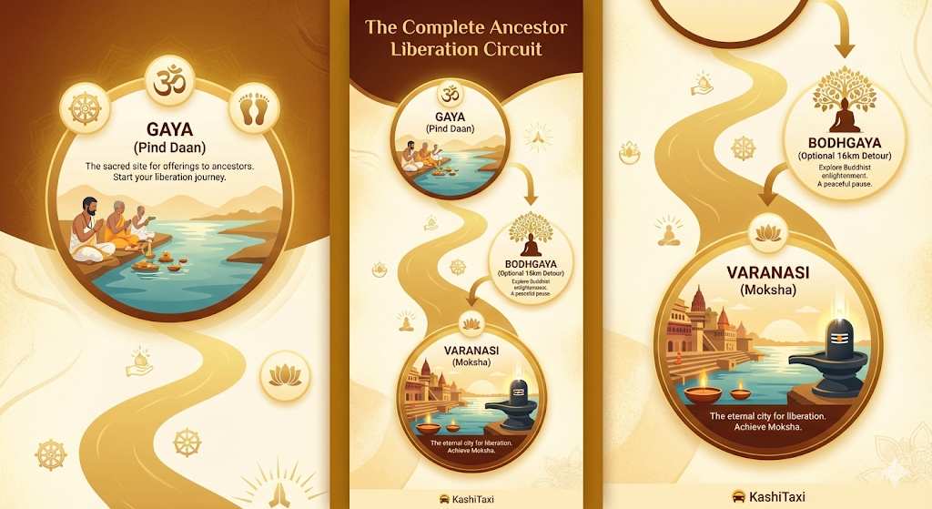 Complete ancestor liberation circuit from Gaya Pind Daan through optional Bodhgaya to Varanasi Moksha