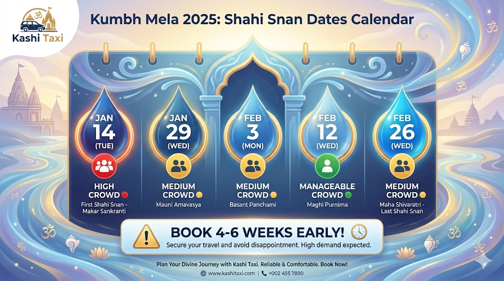 Kumbh Mela 2025 Shahi Snan dates calendar showing crowd levels for each bathing date