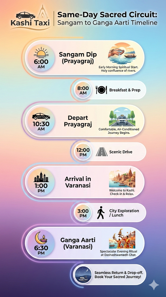 Same-Day Sacred Circuit timeline from Prayagraj Sangam to Varanasi Ganga Aarti showing hour-by-hour itinerary